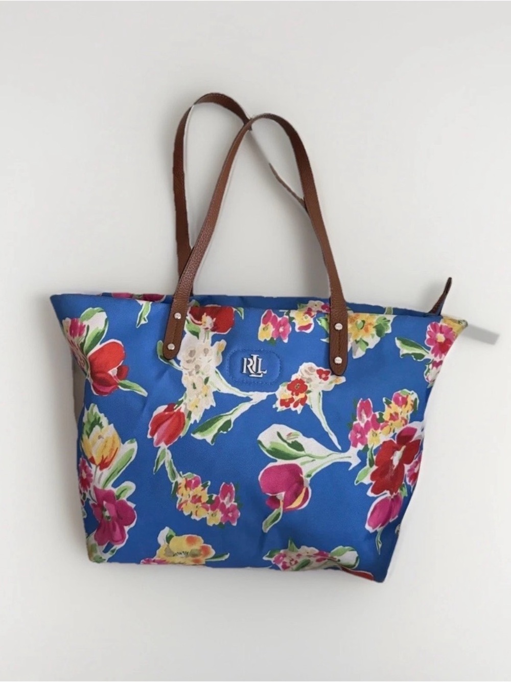 Ralph Lauren Bright Blue Floral Tote with Brown Straps beach pickleball pool